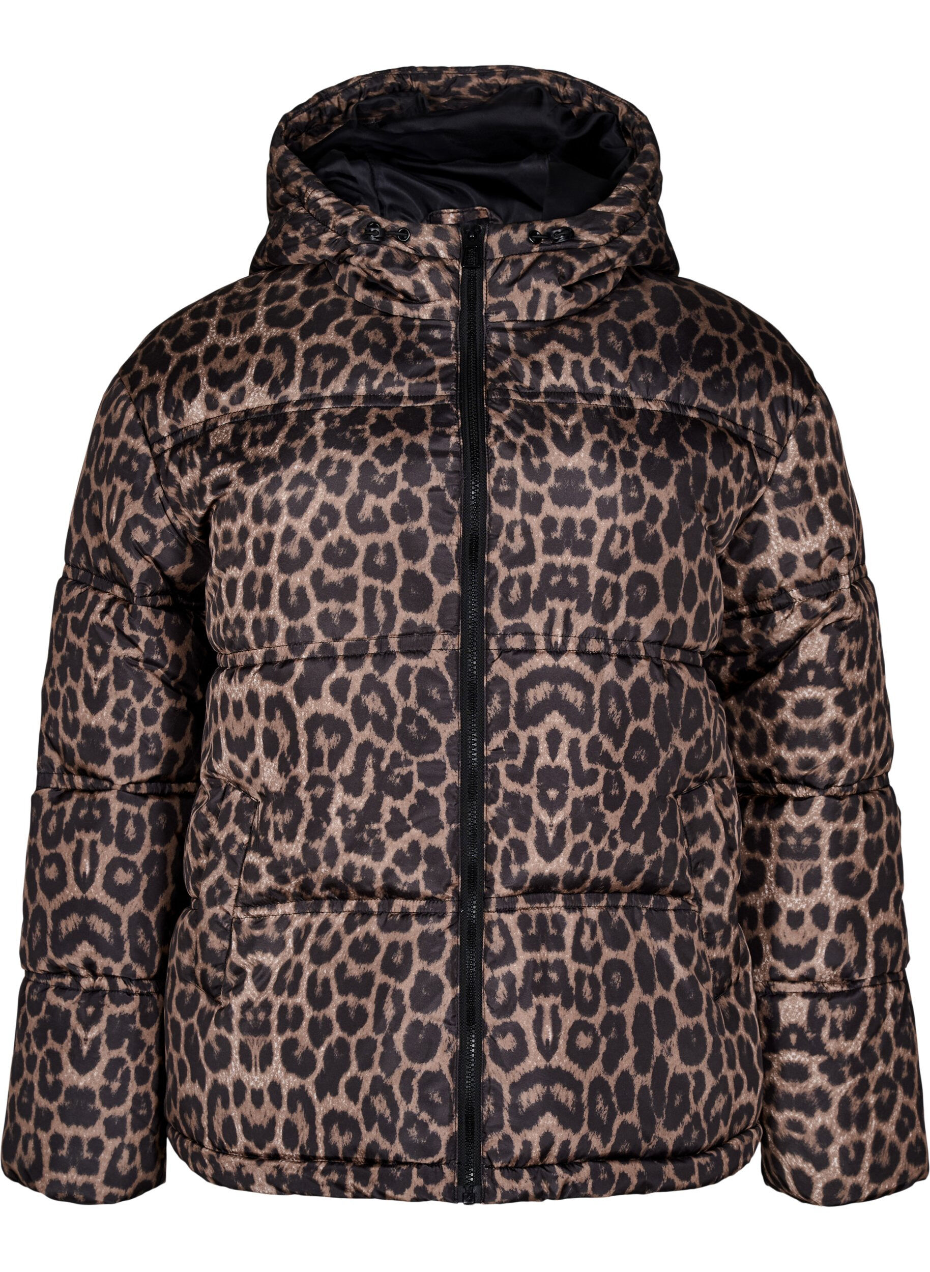 Kort pufferjakke med h&aelig;tte og tovejslynl&aring;s.