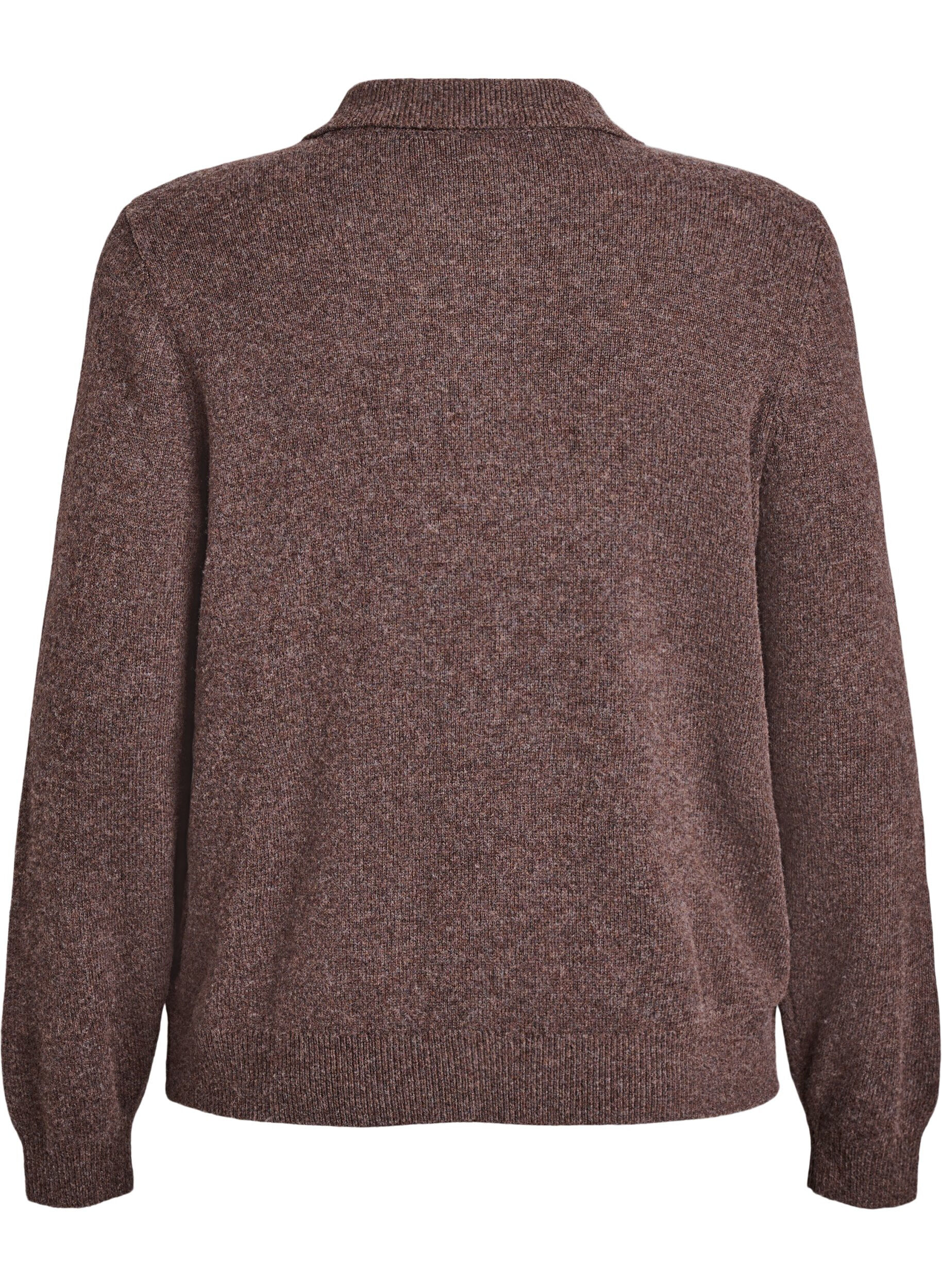 Zizzi Strikbluse i bl&oslash;d merino-blanding med polokrave , Brun, Packshot image number 1