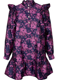 Kjole med flæsedetaljer og perleknapper, Dark Blue Pink