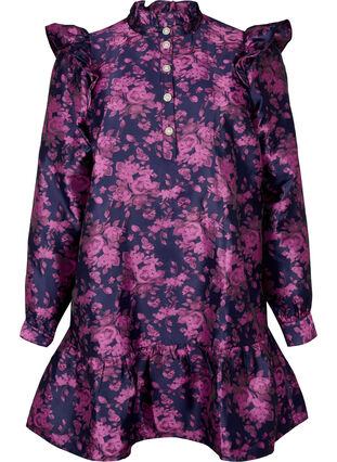 Kjole med flæsedetaljer og perleknapper, Dark Blue Pink, Packshot image number 0