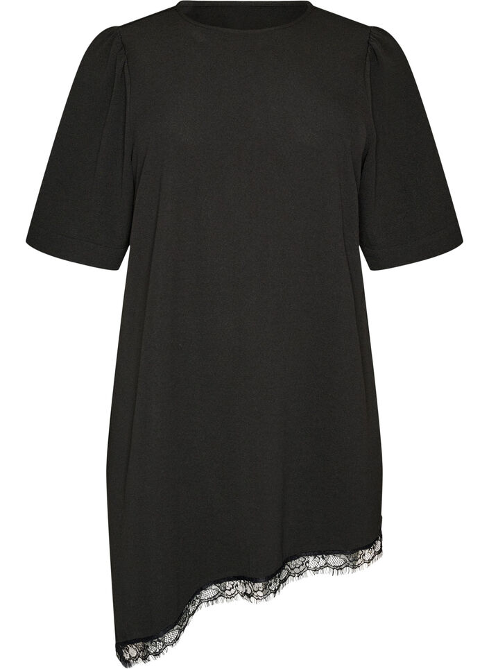 Tunika med asymmetrisk blondekant, Sort, Packshot image number 0