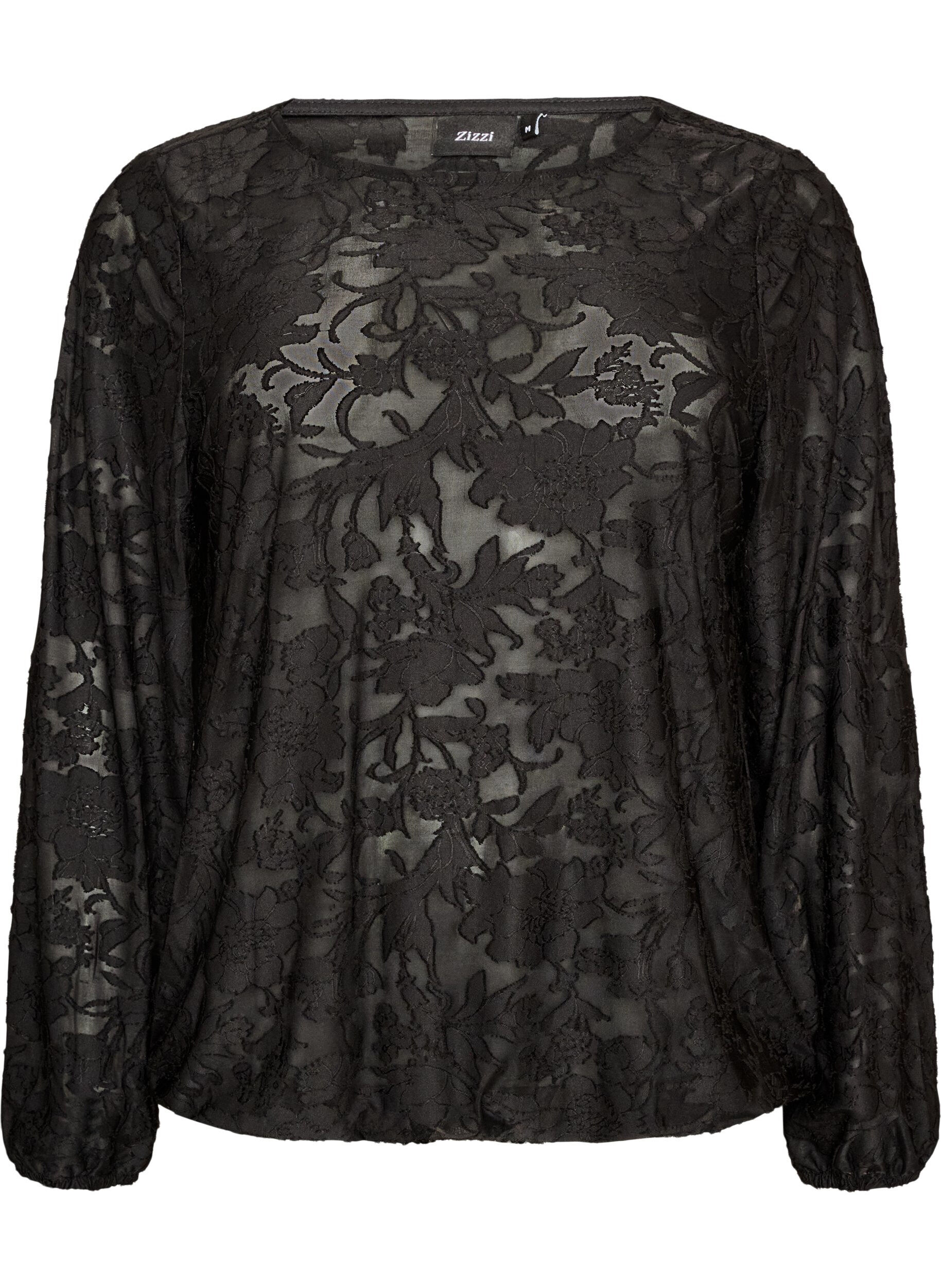 Transparent bluse med blomsterstruktur og lange &aelig;rmer