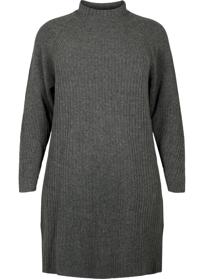 Meleret strikkjole med turtleneck, Dark Grey Melange, Packshot image number 0