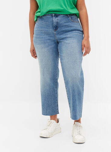 7/8 jeans med rå kanter og høj talje, Light blue denim, Model image number 3