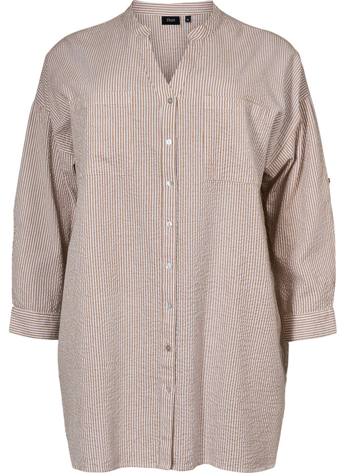 Stribet bomuldsskjorte med 3/4 ærmer, Natural Stripe, Packshot image number 0