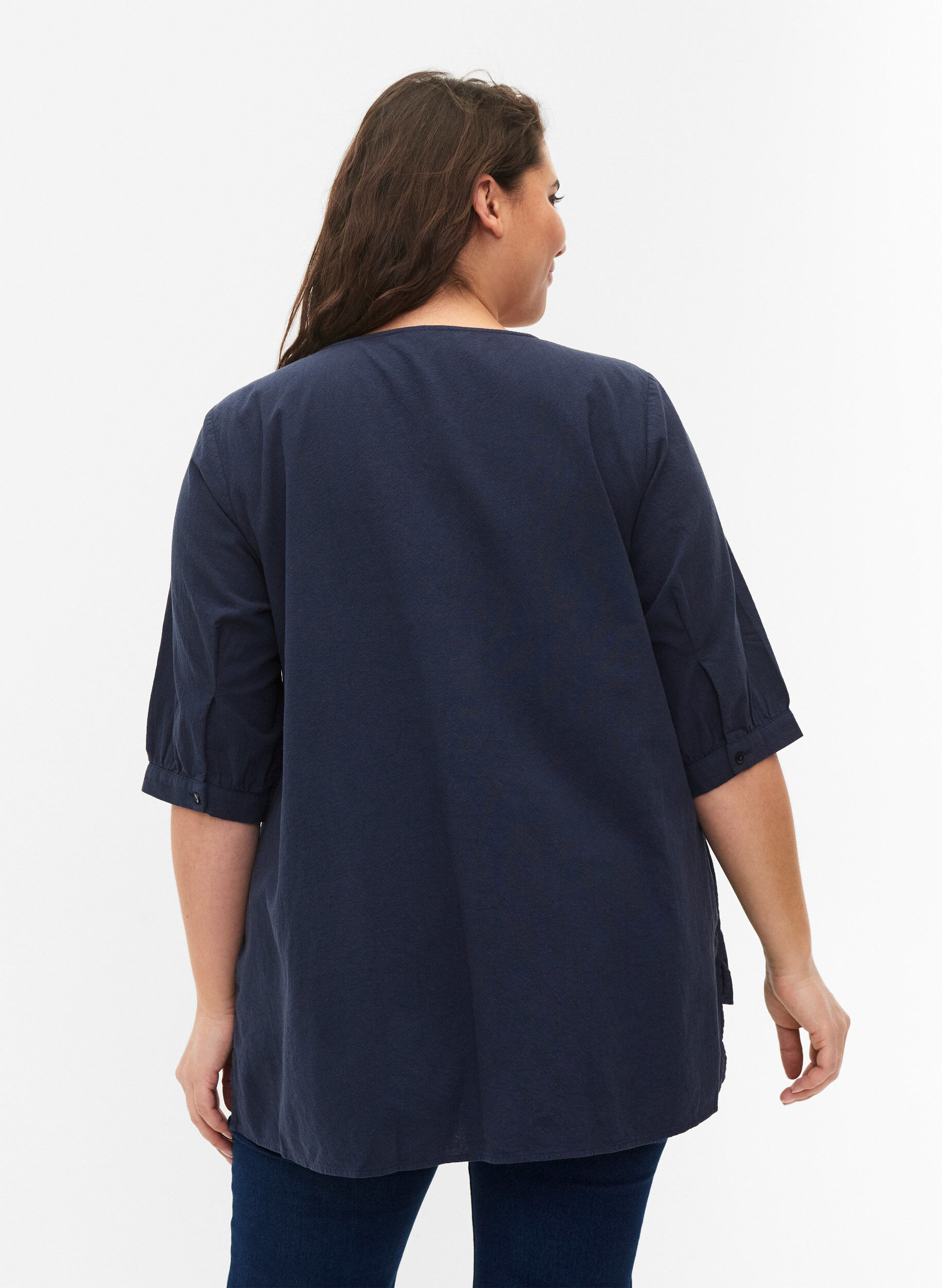 Zizzi FLASH - Bomulds bluse med halvlange &aelig;rmer, Navy Blazer, Model image number 1