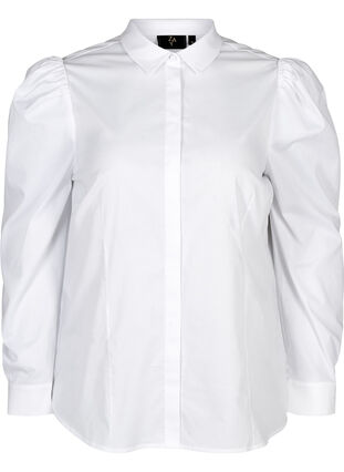 Bomulds skjorte med pufærmer, Bright White, Packshot image number 0