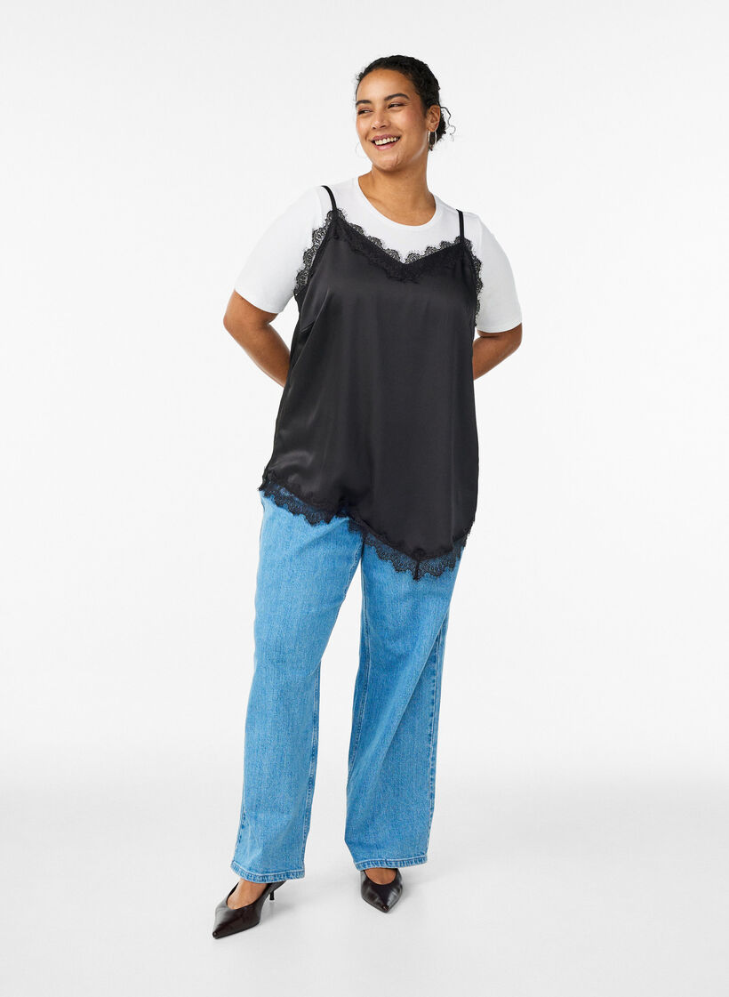 Satintop med blondekanter og asymmetrisk fald, Sort, Model image number 1