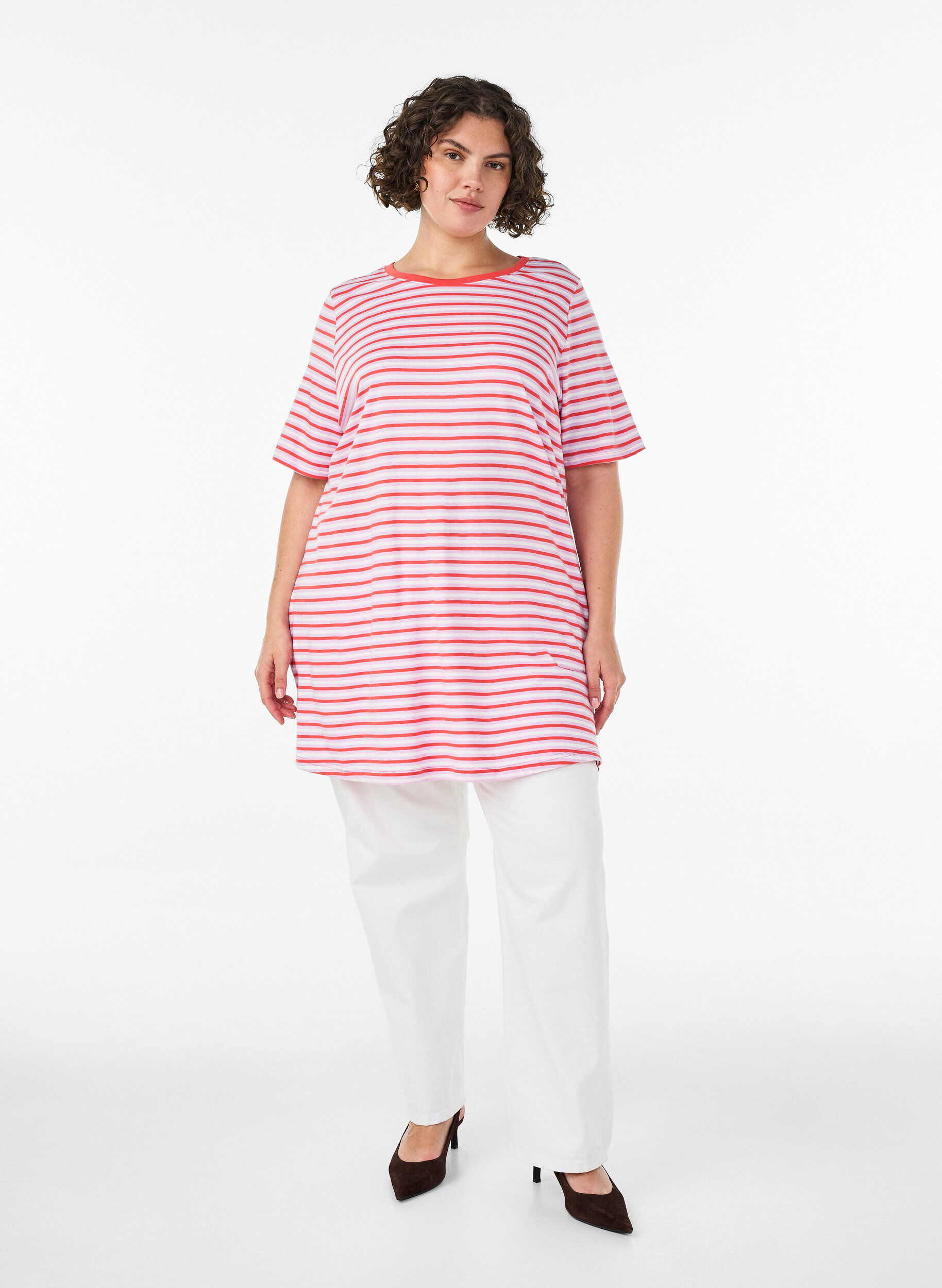 ZizziLang oversize T-shirt i &oslash;kologisk bomuld med striber, Lilla, Model image number 1
