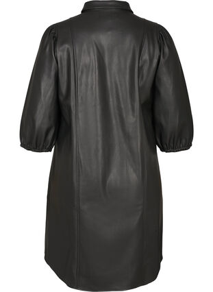 Imiteret læderkjole med 3/4 pufærmer, Black, Packshot image number 1