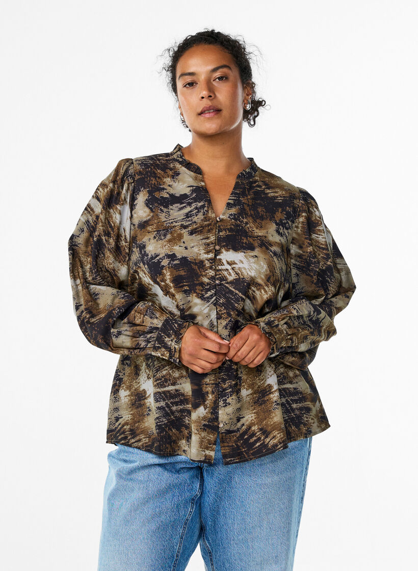 Printet bluse med knapper, Grøn, Model image number 0