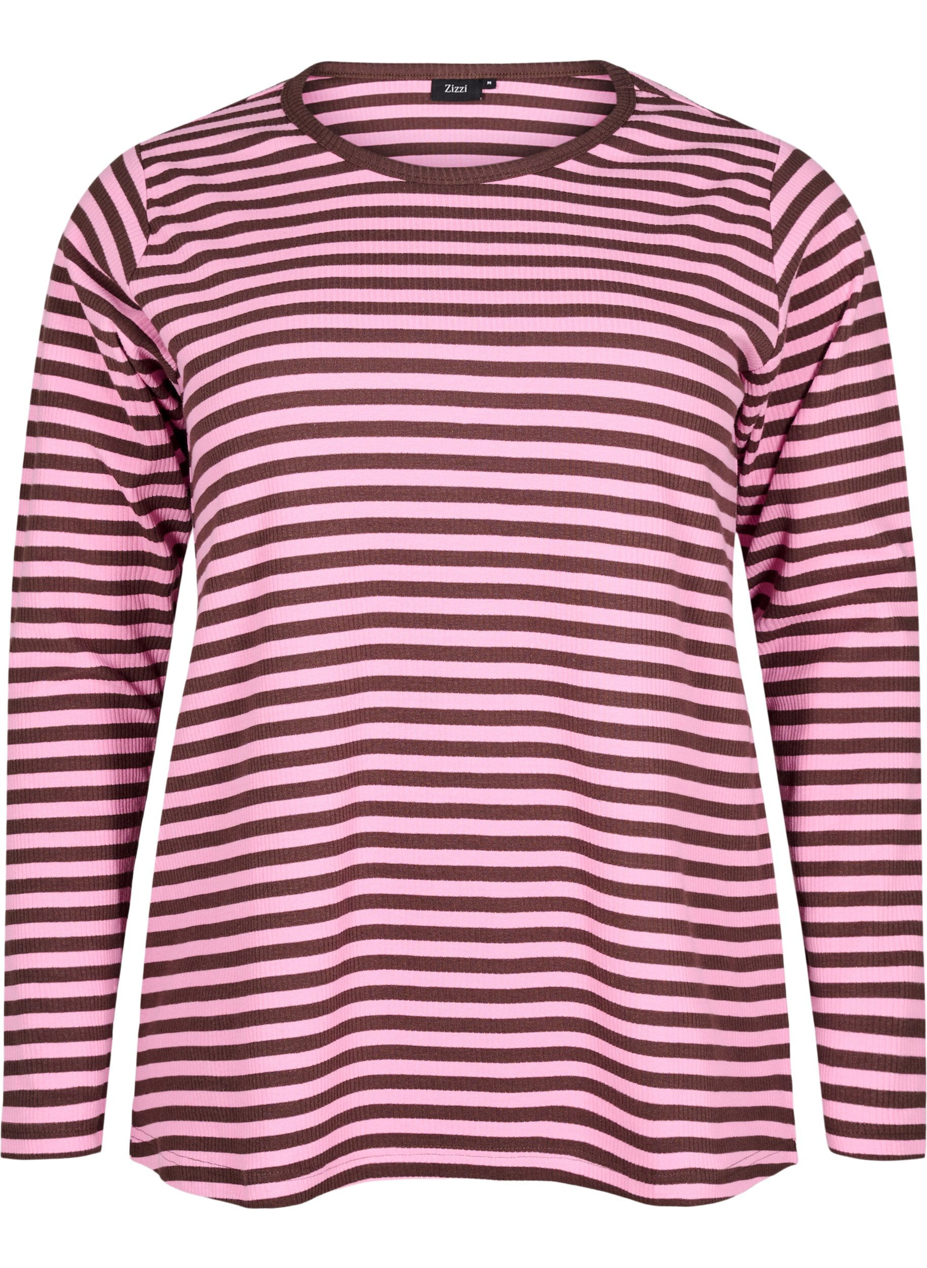 ZizziStribet bluse med lange &aelig;rmer, Lyser&oslash;d, Packshot image number 0
