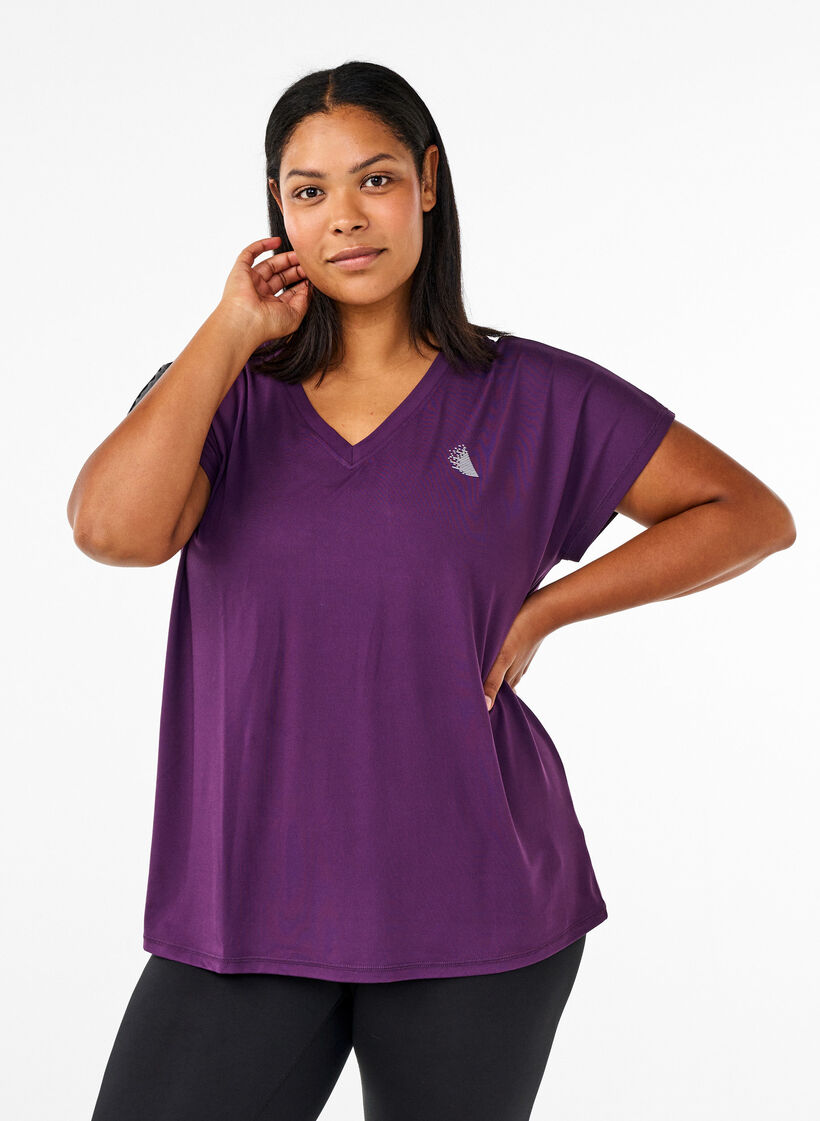 L&oslash;s tr&aelig;nings t-shirt med v-hals, Lilla, Model image number 0