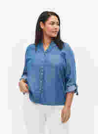 Skjorte med 3/4 ærmer og rund halsudskæring, Medium Blue Denim, Model