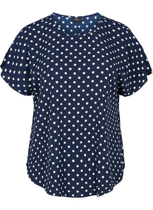 Bluse med korte ærmer og rund halsudskæring, Navy Bla w White Dot, Packshot image number 0