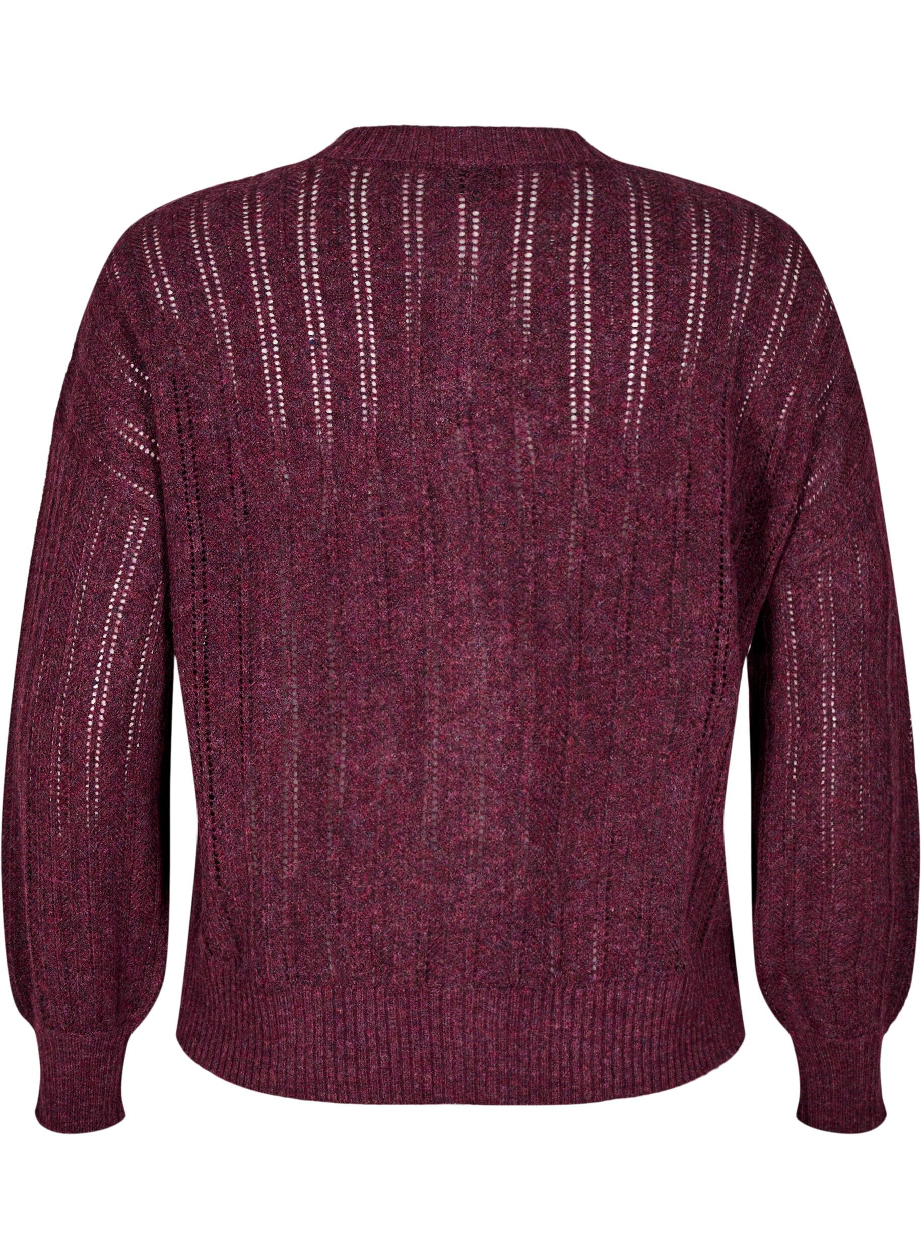 ZizziStrikket cardigan med hulm&oslash;nster, M&oslash;rk Bordeaux, Packshot image number 1