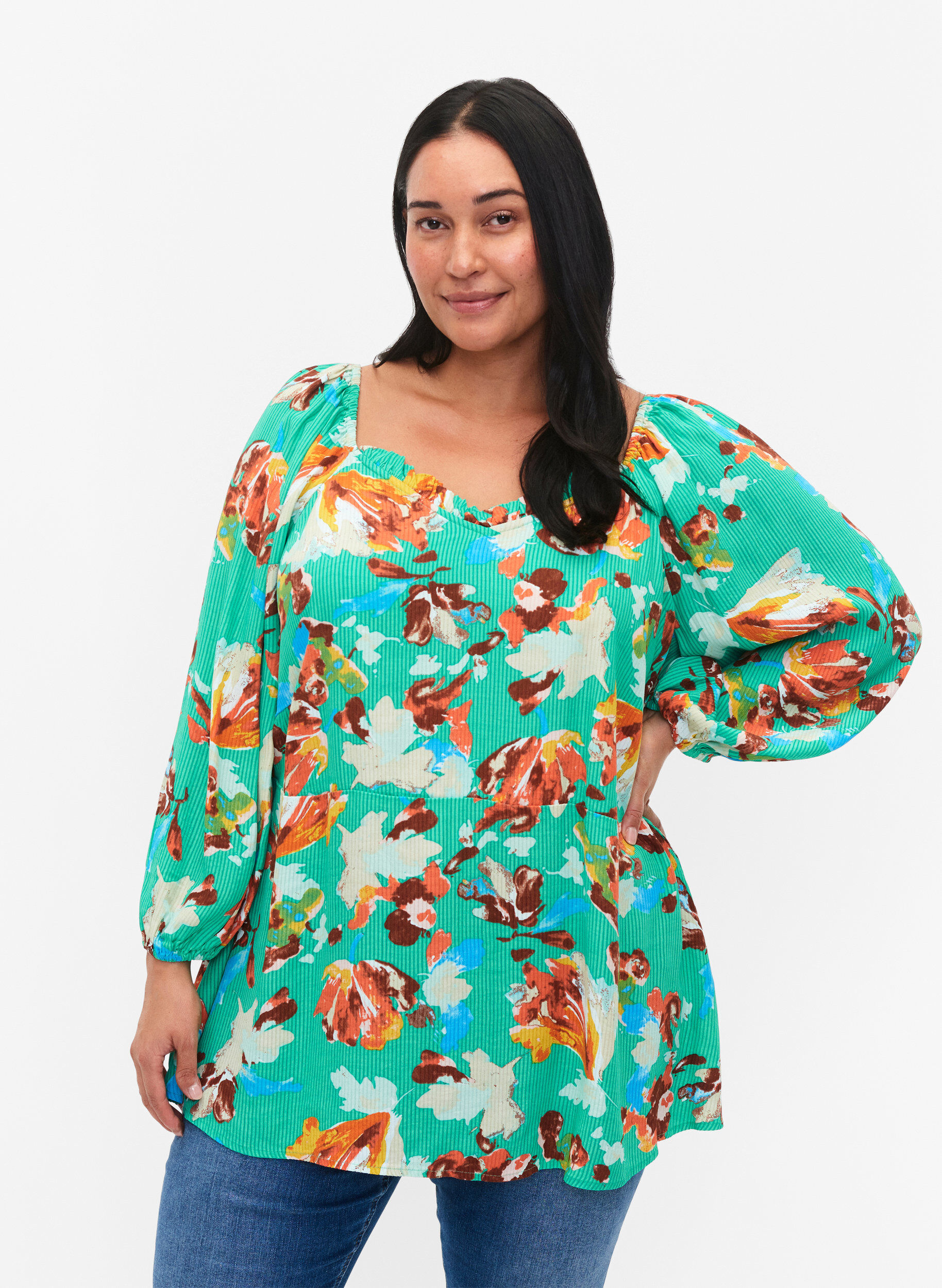 Viskose bluse med print og 3/4 &aelig;rmer, Gr&oslash;n, Model