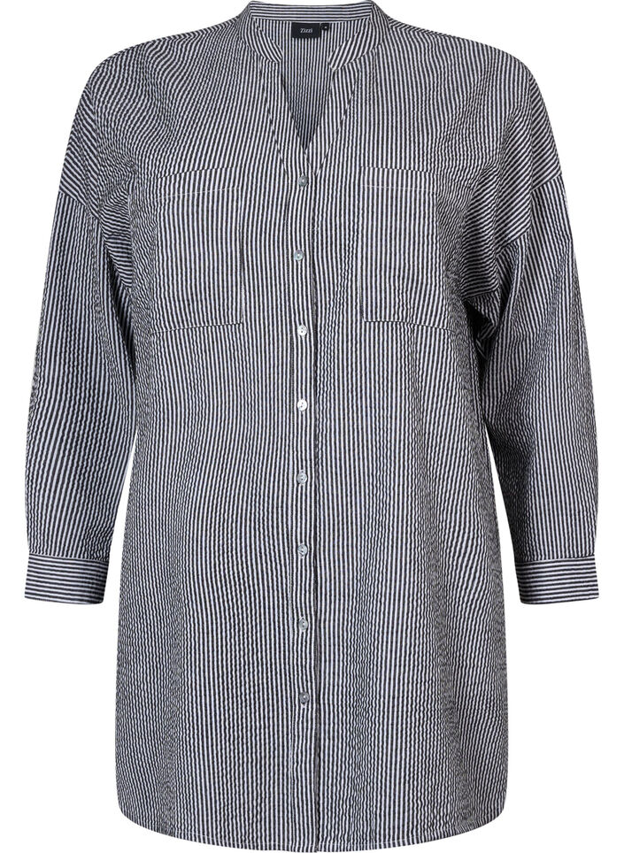 Stribet bomulds skjorte med 3/4 ærmer, Black Stripe, Packshot image number 0