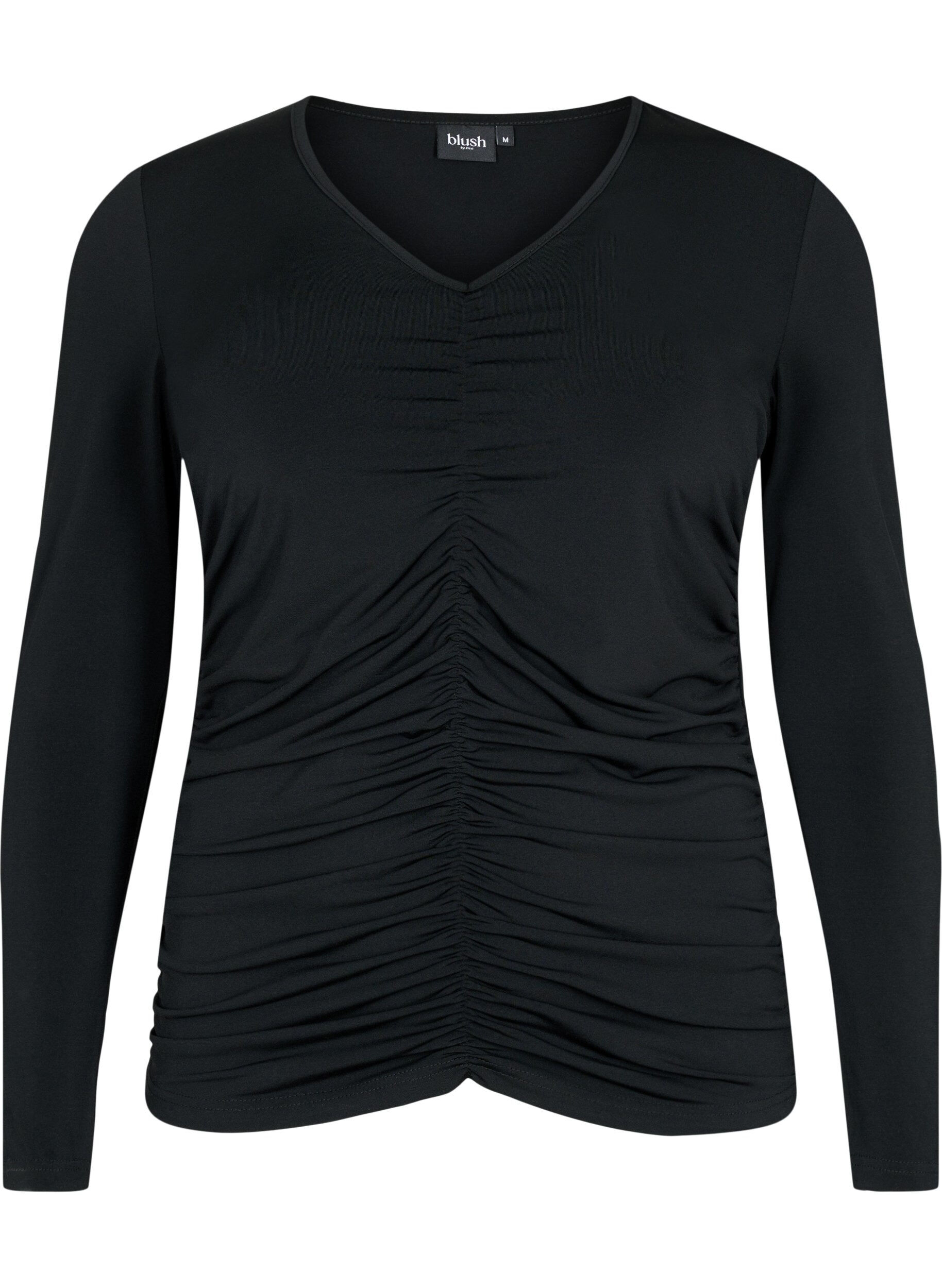 Zizzi Bluse med v-hals og draperinger, Black, Packshot image number 0