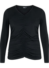 Bluse med v-hals og draperinger, Black