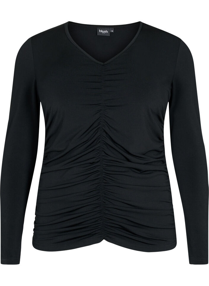 Bluse med v-hals og draperinger, Black, Packshot image number 0