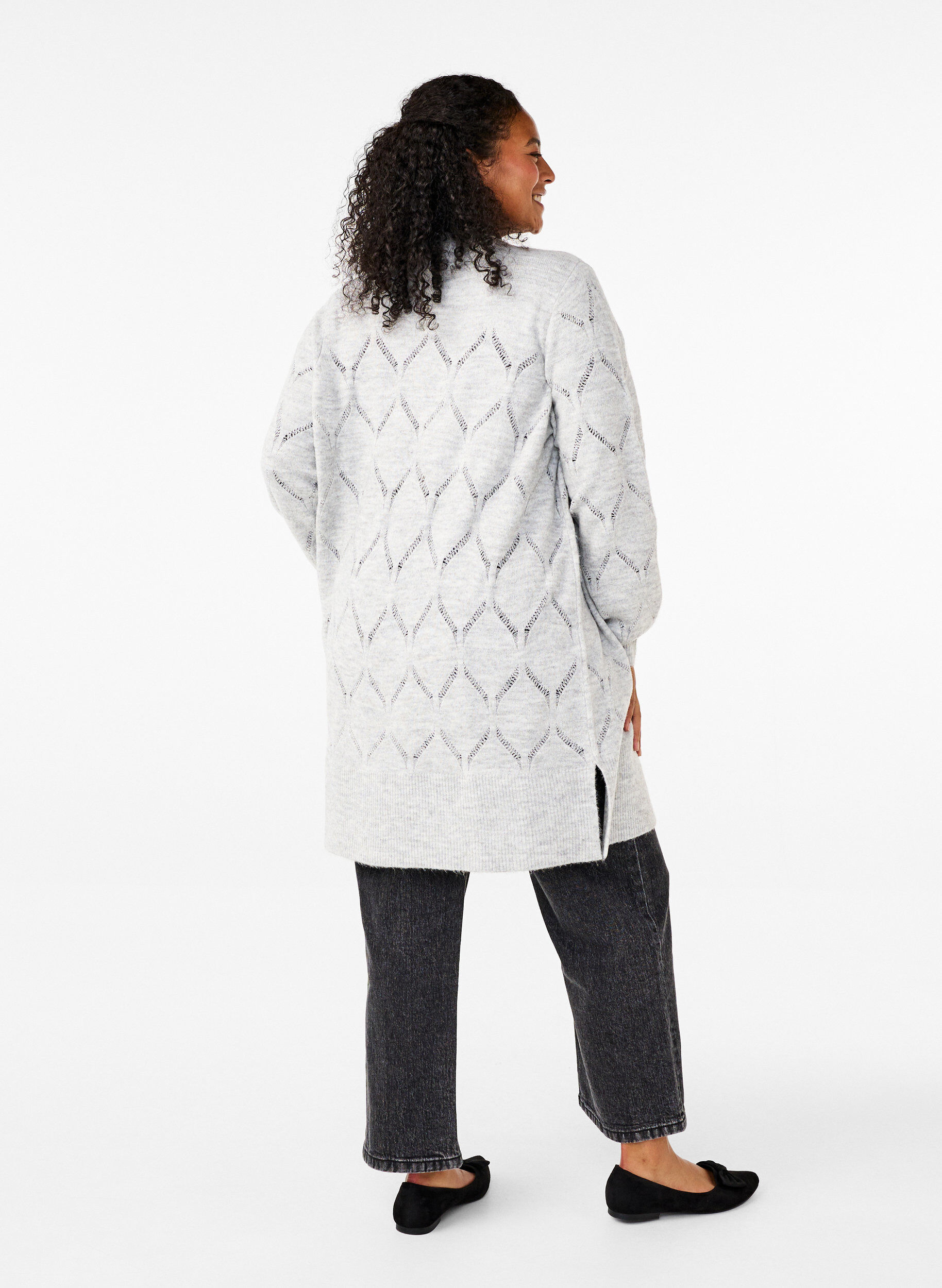 Zizzi Lang&aelig;rmet strikcardigan, Light Grey Melange, Model image number 1
