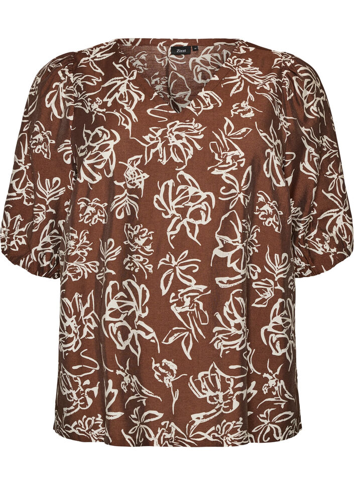 Viskosebluse med V-udsk&aelig;ring, Brun, Packshot image number 0