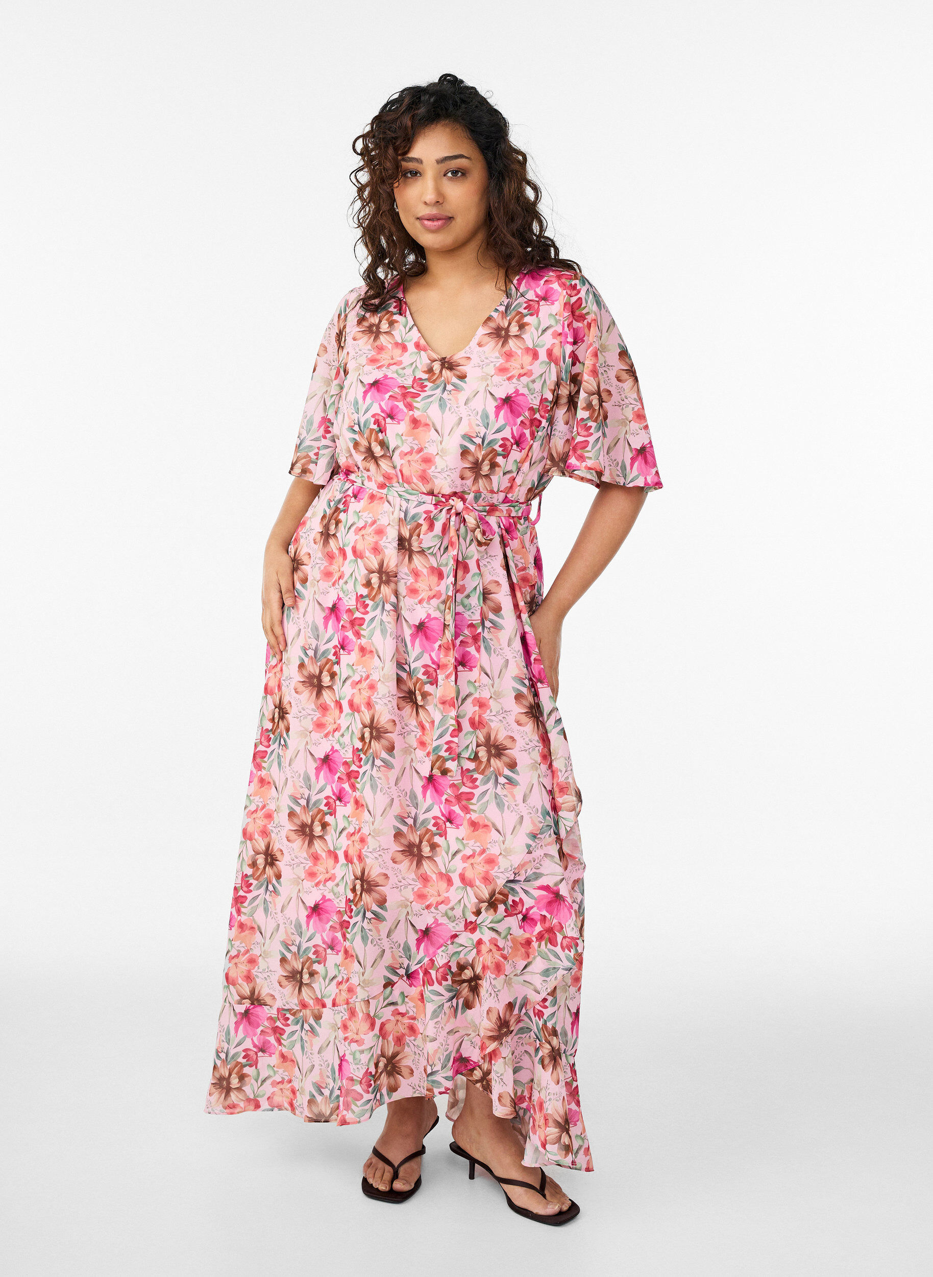 Maxikjole i chiffon med V-udsk&aelig;ring og fl&aelig;sekant, , Model