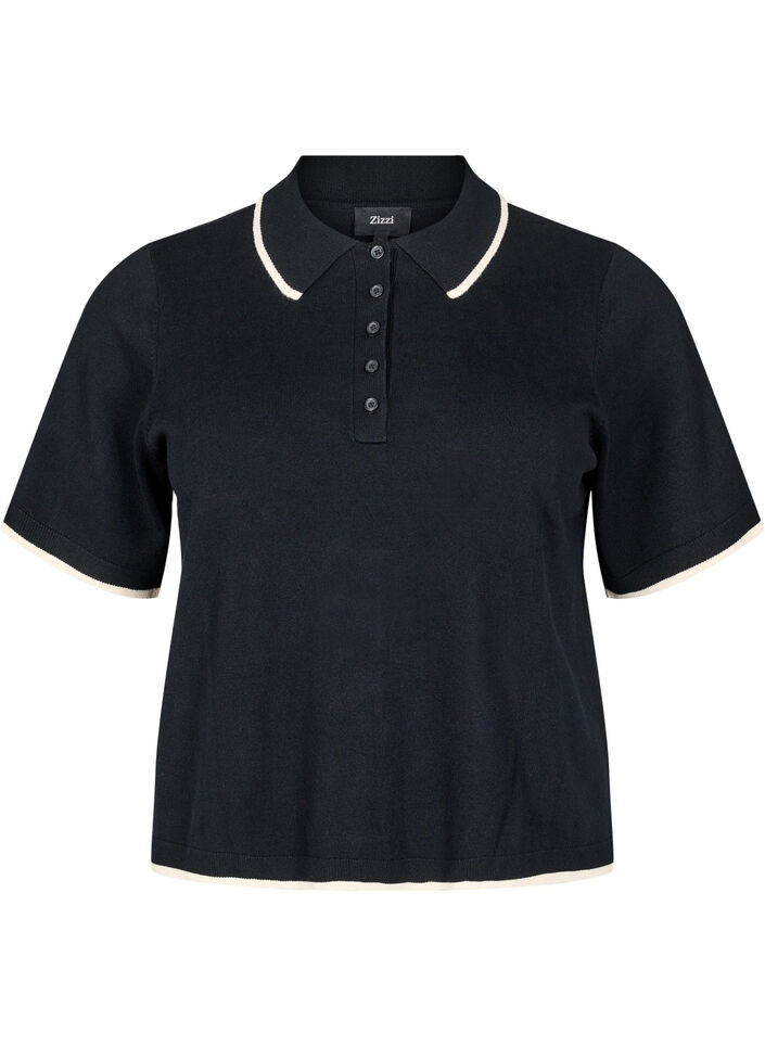 Finstrikket poloshirt med kontrastkant, Sort, Packshot image number 0
