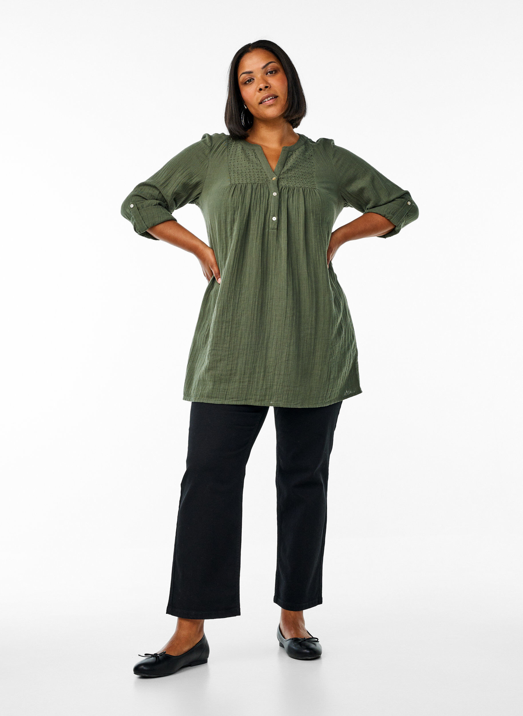 Zizzi Tunika i bomuldsmusselin med broderi anglaise, Gr&oslash;n, Model image number 1