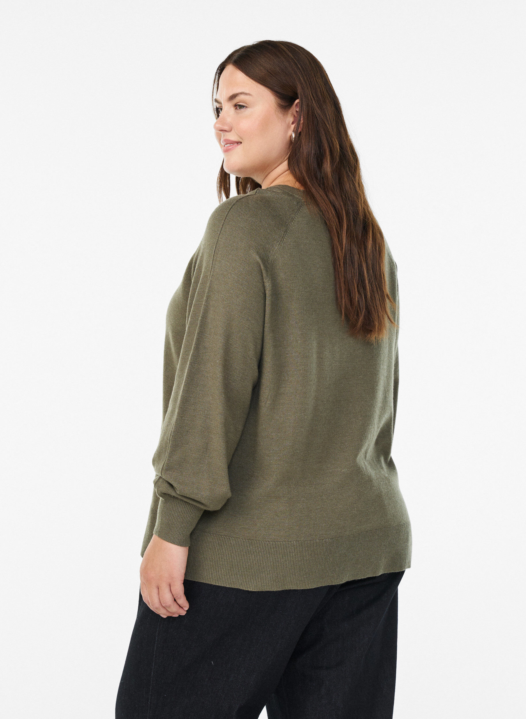 Zizzi Strikbluse med midters&oslash;m og raglan&aelig;rmer, Gr&oslash;n, Model image number 2