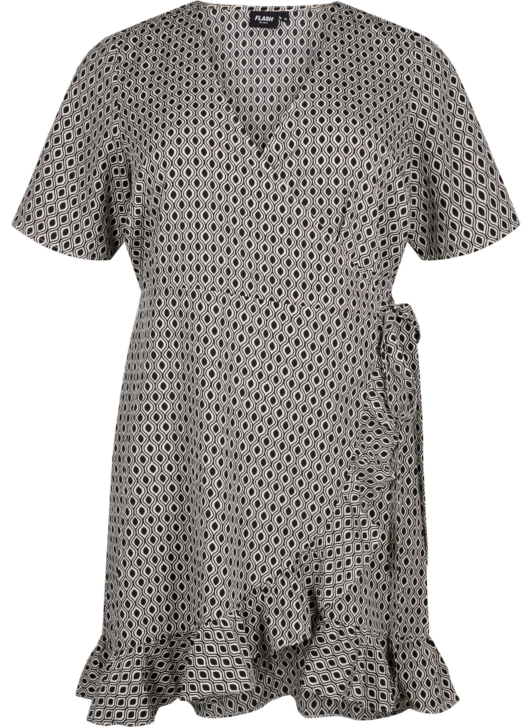 Zizzi FLASH - Wrapkjole med korte &aelig;rmer, Black White Graphic, Packshot image number 0