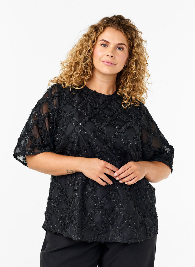 Bluse med harlequin mønster, Black, Model image number 0