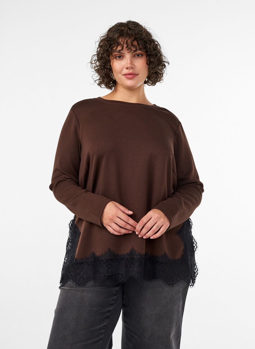 Jerseybluse med blondekant, Brun, Model image number 0