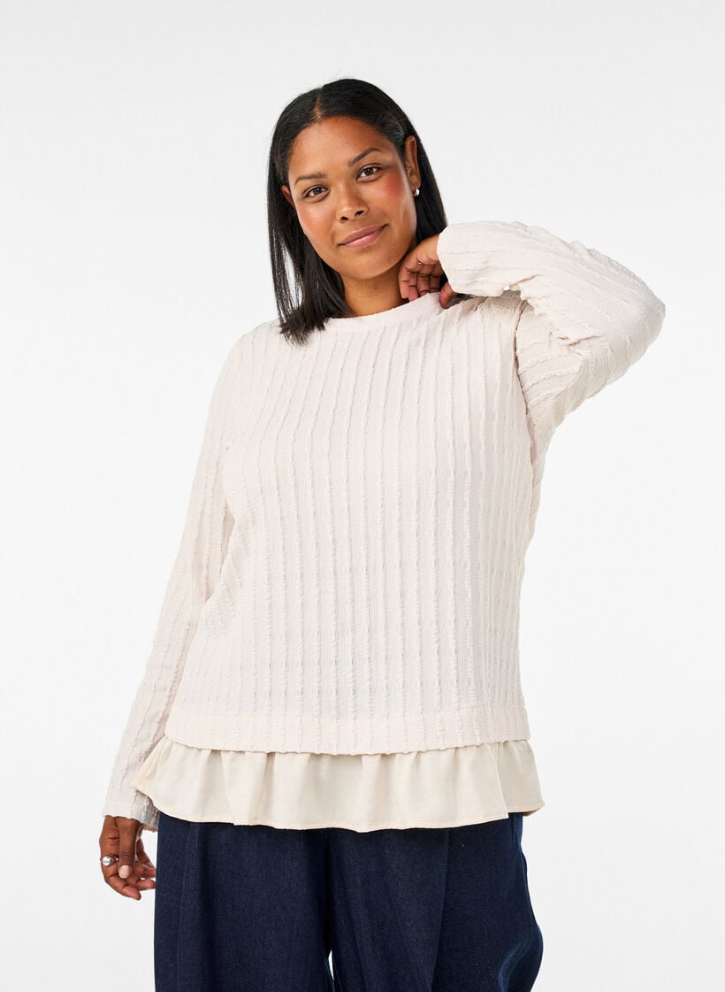 Struktureret bluse med fl&aelig;sekant, Vanilla, Model image number 0