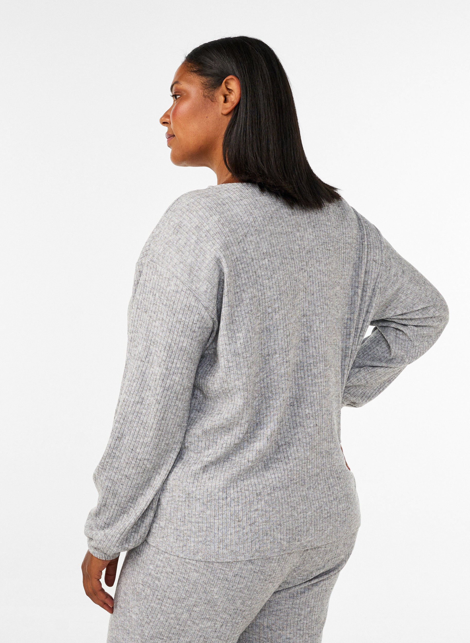 ZizziJerseybluse med ribstruktur og V-hals, Gr&aring;, Model image number 2