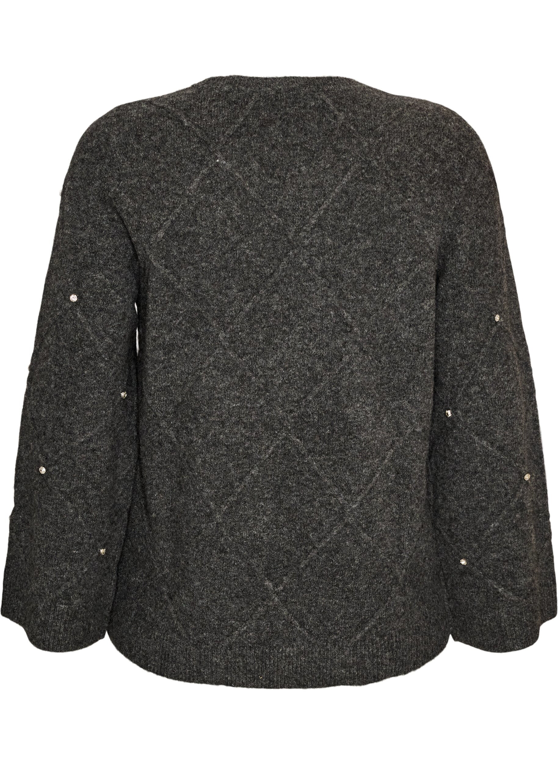 ZizziStrikbluse med rhinsten og rudem&oslash;nster, Gr&aring;, Packshot image number 1