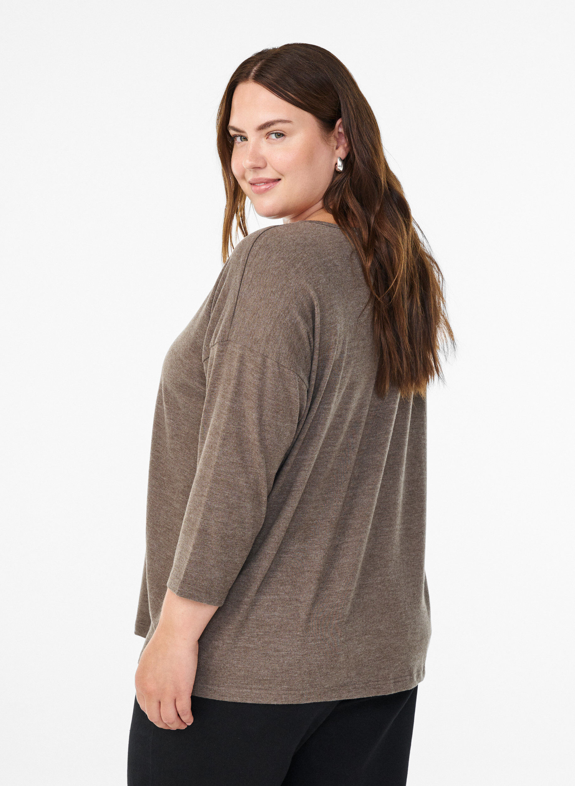 Zizzi FLASH - Jerseybluse med 3/4 &aelig;rmer, Brun, Model image number 2