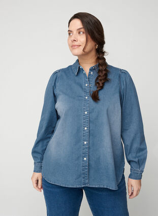 Denimskjorte med pufærmer, Blue denim, Model image number 0