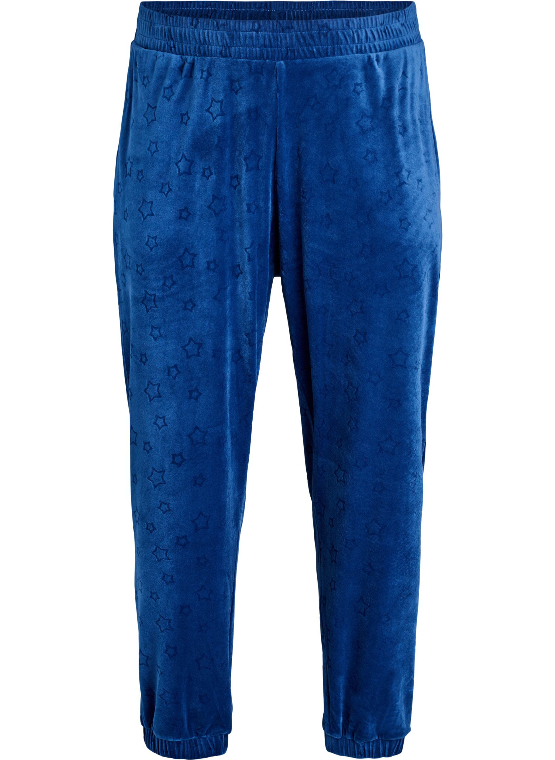 Zizzi Velour bukser med pr&aelig;get m&oslash;nster, Bl&aring;, Packshot image number 0