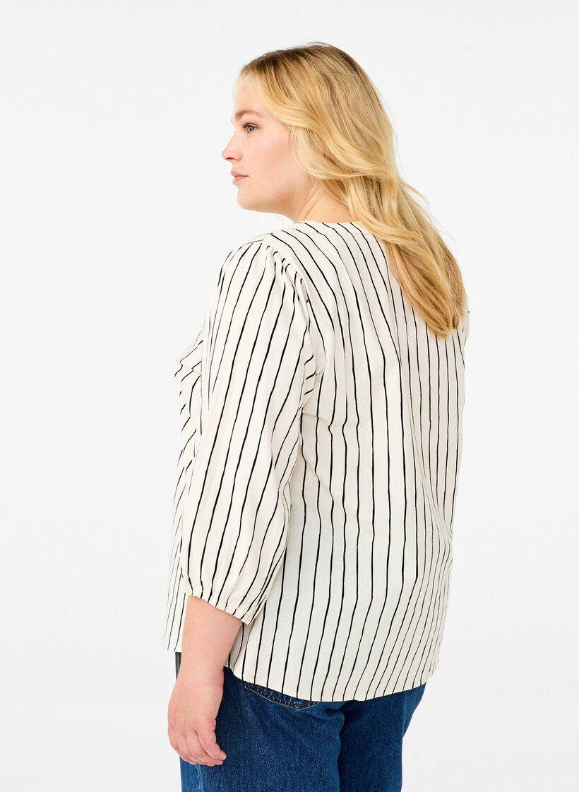 3/4 ærmet bluse i bomuld med striber, Eggnog Black Stripe, Model image number 1