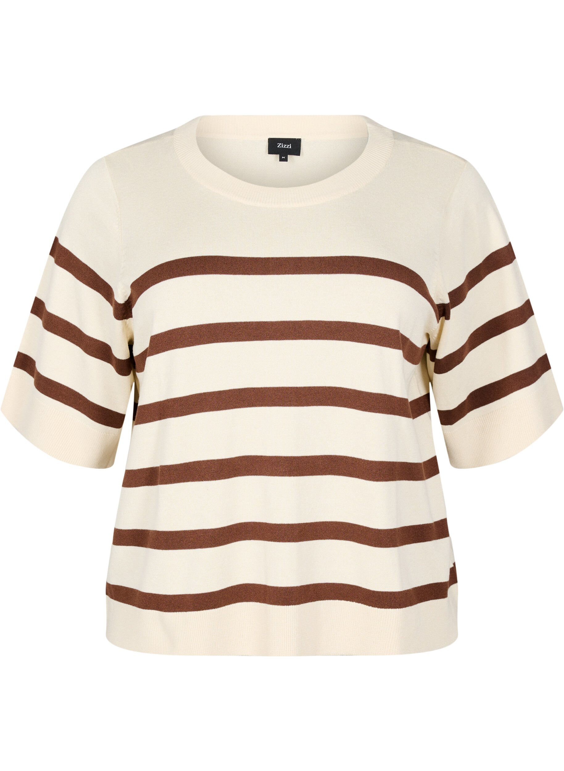 Zizzi Stribet strikbluse med korte &aelig;rmer, Beige, Packshot image number 0