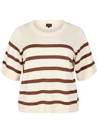 Stribet strikbluse med korte ærmer, Beige