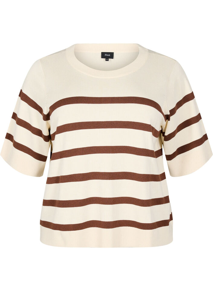 Stribet strikbluse med korte ærmer, Beige, Packshot image number 0
