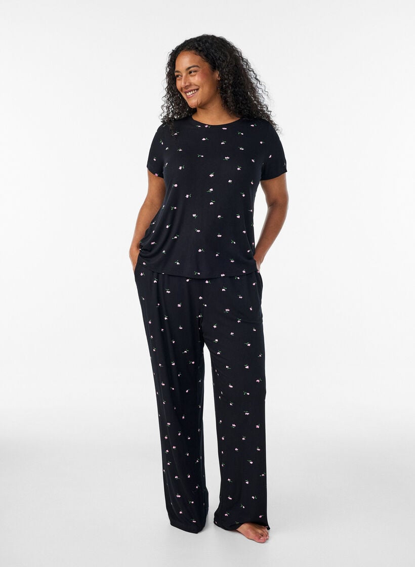 Pyjamastop med blomsterprint og ribstruktur, Sort, Model image number 1