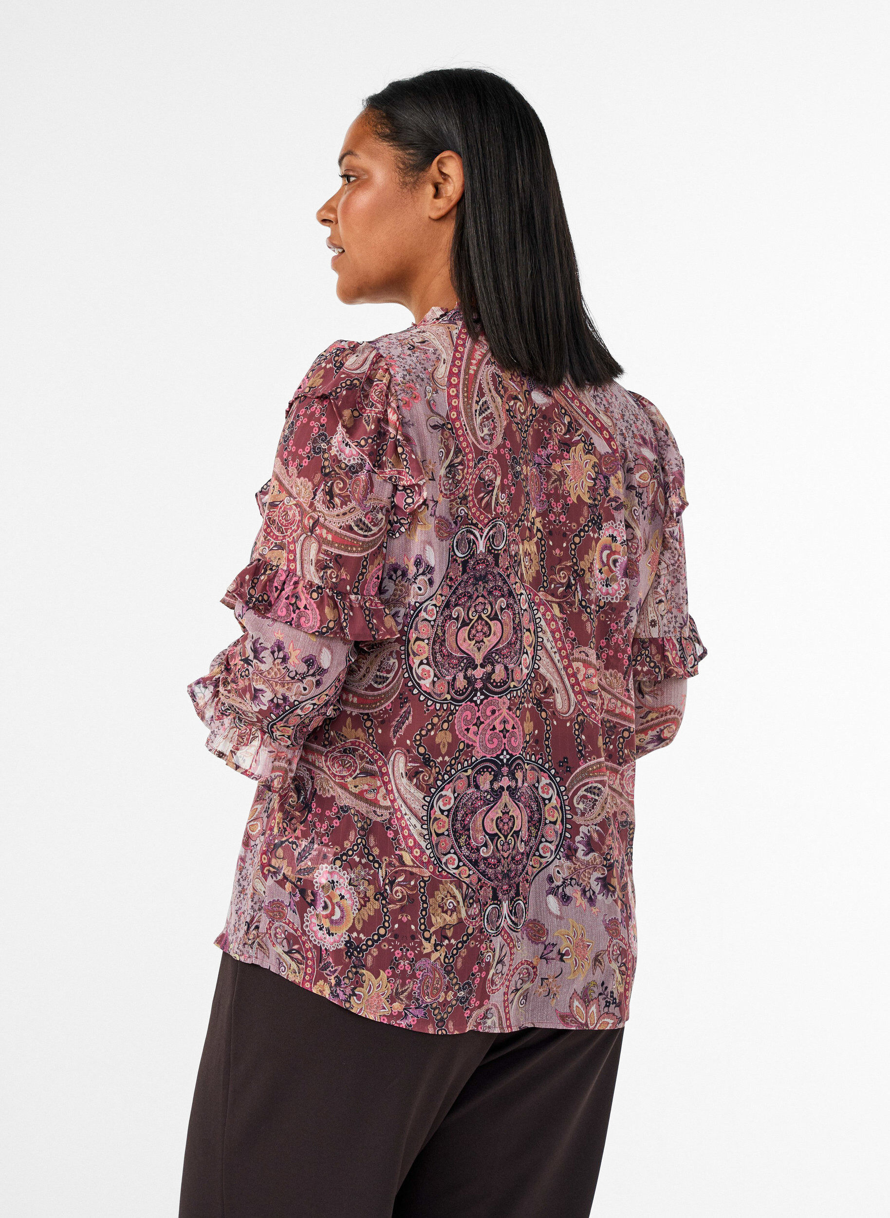 ZizziBluse med paisleyprint og fl&aelig;sedetaljer, Lilla, Model image number 2