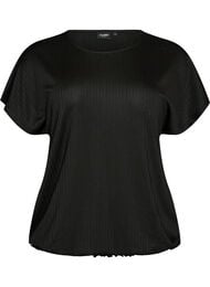 Jerseybluse med strukturstriber og smockkant, Sort