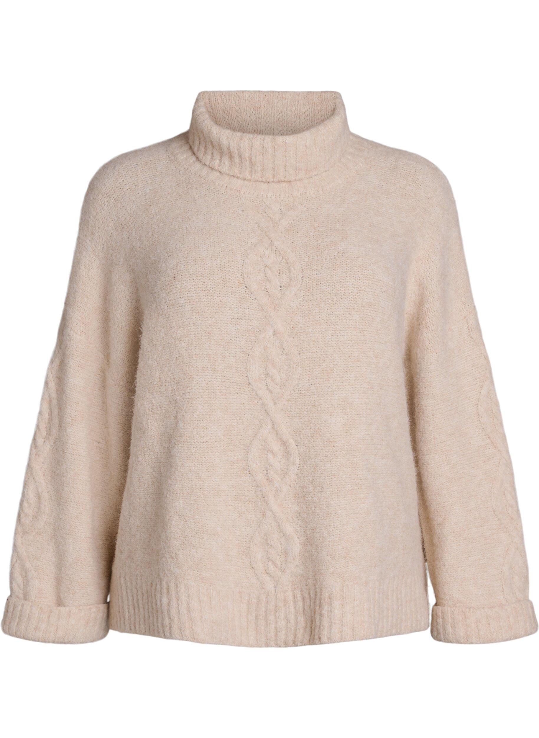 ZizziStrikbluse med rullekrave og kabelstrik, Vanilla, Packshot image number 0