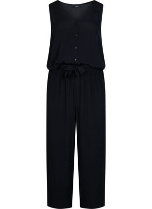Viskose jumpsuit med knapper og bindesnøre, Black, Packshot image number 0