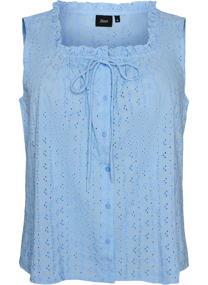 &AElig;rmel&oslash;s bluse med broderie anglaise og fl&aelig;ser, Bl&aring;, Packshot image number 0